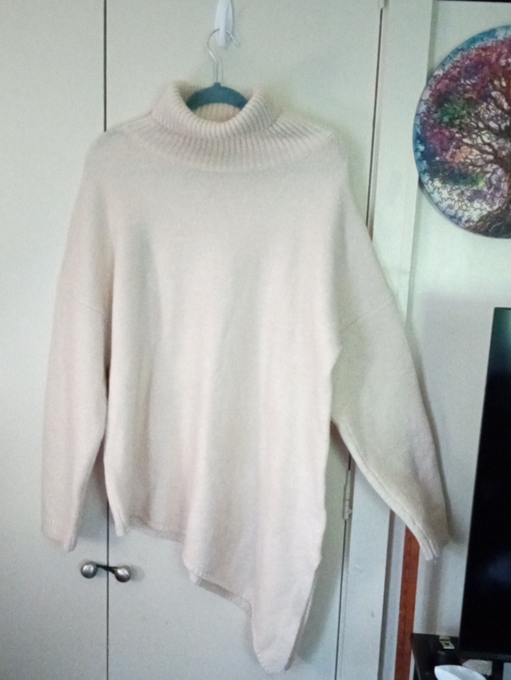 BTFBM Women's Asymmetric Cream Turtleneck Knit Sweater XL